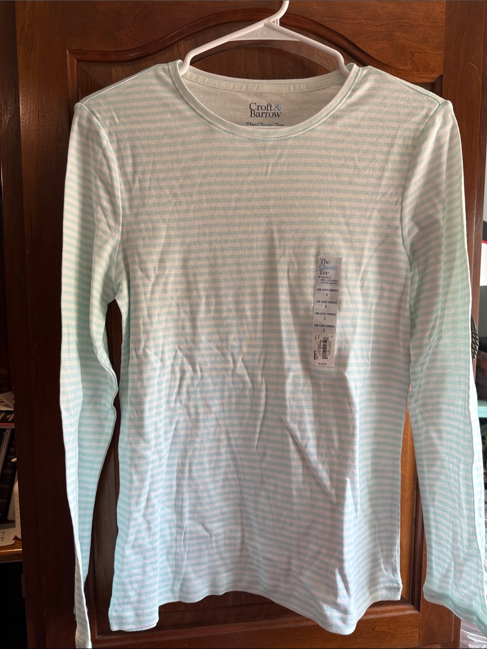 croft & barrow Mint and White Striped Long-Sleeve Tee